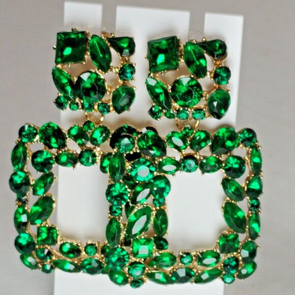 Gold Tone Metal Green Plastic Rhinestone Opulent Chandelier Earrings Square Drop - Picture 5 of 16